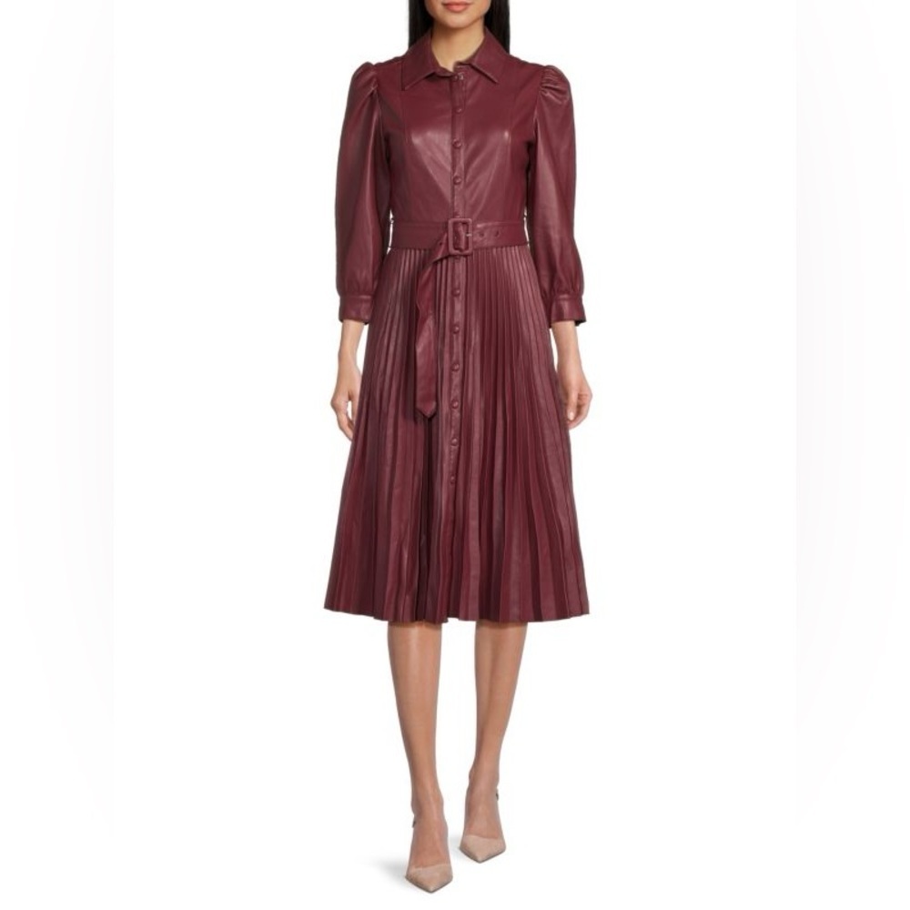 NWT  T TAHARI Belted Accordian Pleated Faux Leather Bordeaux Red Dress 12